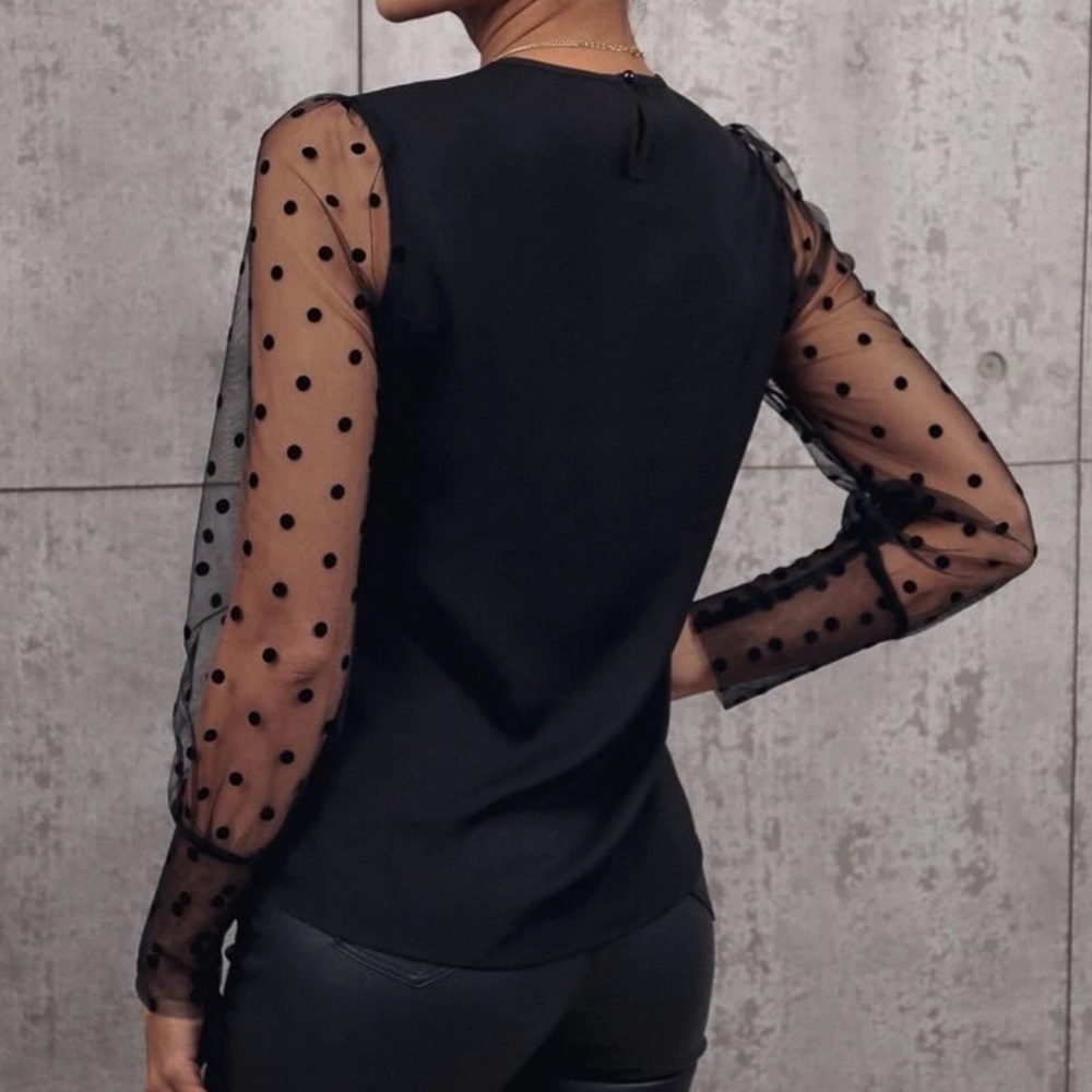Boho black mesh dot sleeve blouse - Picture 3 of 16